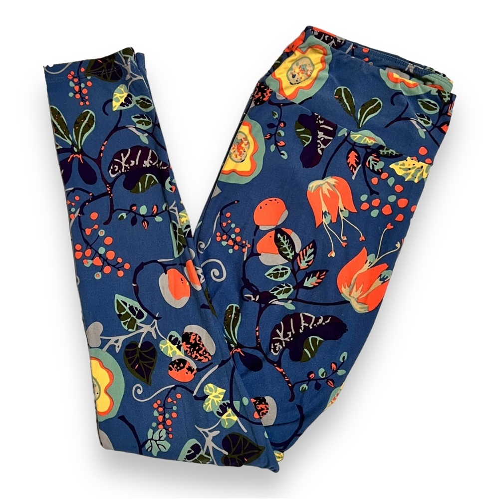LuLaRoe Navy Floral Leggings with Orange, Yellow & Green Accents